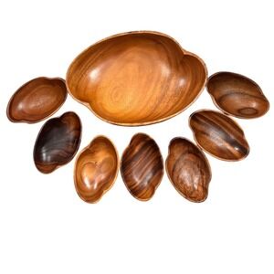 Vintage Hawaii Woods Honolulu Hand-Carved Sculptural Wooden Serving Bowl Set 8pc